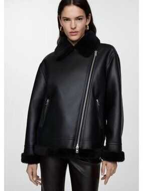 MNG Mango Faux Shearling Moto Jacket M Black Faux Leather Asymmetric Zip Biker